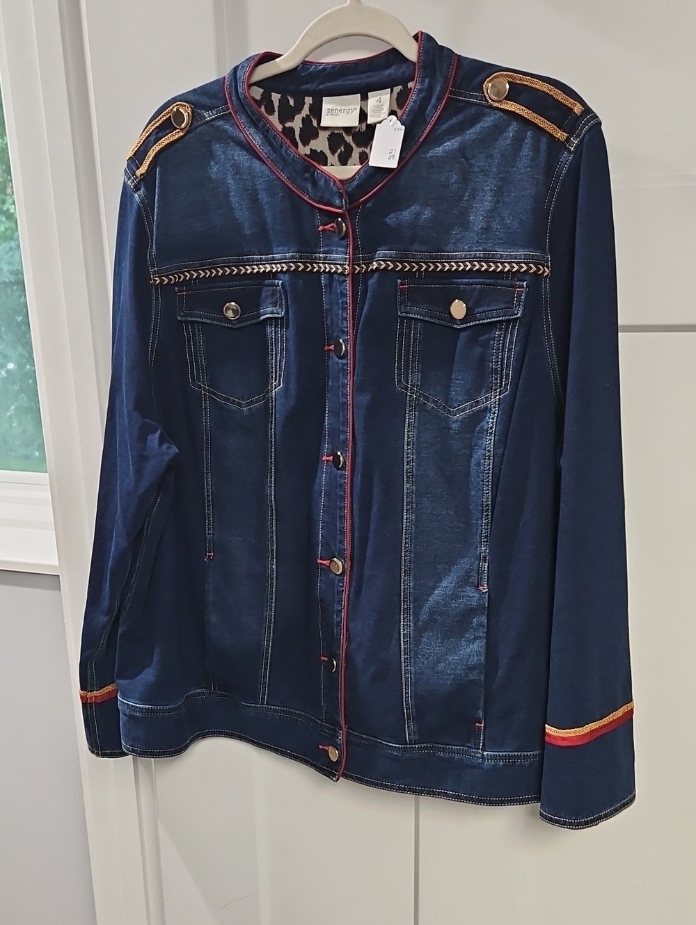 Chico's navy jean jacket with gold trim and red piping